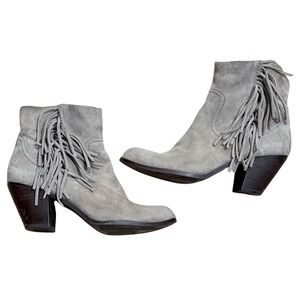 Sam Edelman Grey Suede Fringe Ankle Boots Western Pointed Toe Block Heel Size 10